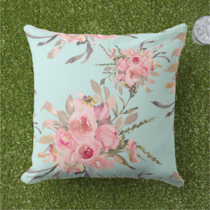 Blush Pink Flowers on Light Blue Cushion