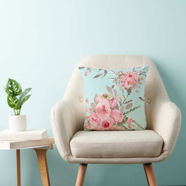 Blush Pink Flowers on Light Blue Cushion (Chair)