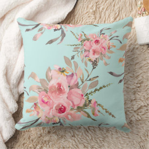 Blush Pink Flowers on Light Blue Cushion