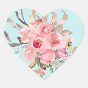 Blush Pink Flowers on Light Blue Heart Sticker