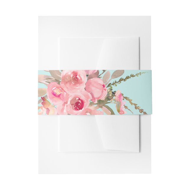 Blush Pink Flowers on Light Blue Invitation Belly Band (Front Example)