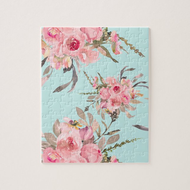 Blush Pink Flowers on Light Blue Jigsaw Puzzle (Vertical)