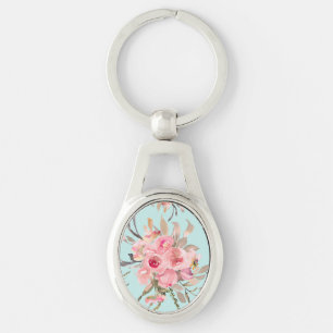 Blush Pink Flowers on Light Blue Key Ring