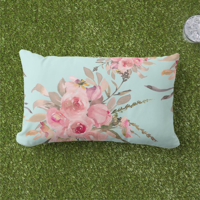 Blush Pink Flowers on Light Blue Lumbar Cushion (Grass)