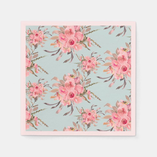 Blush Pink Flowers on Light Blue Napkin (Front)