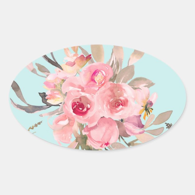 Blush Pink Flowers on Light Blue Oval Sticker (Front)