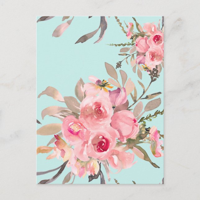 Blush Pink Flowers on Light Blue Postcard (Front)