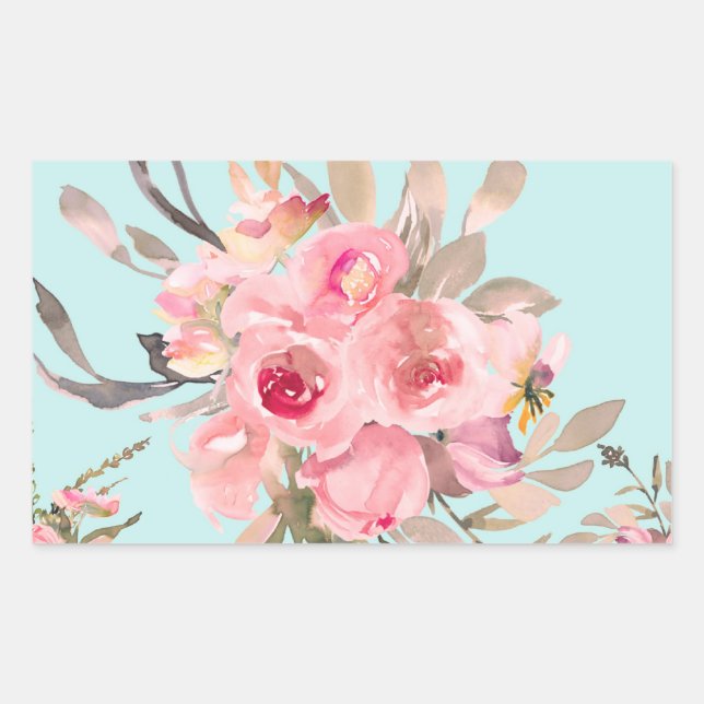 Blush Pink Flowers on Light Blue Rectangular Sticker (Front)