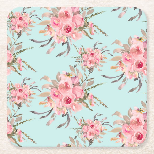 Blush Pink Flowers on Light Blue Square Paper Coaster (Front)