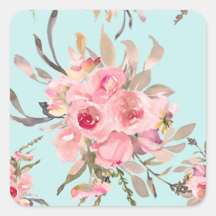 Blush Pink Flowers on Light Blue Square Sticker