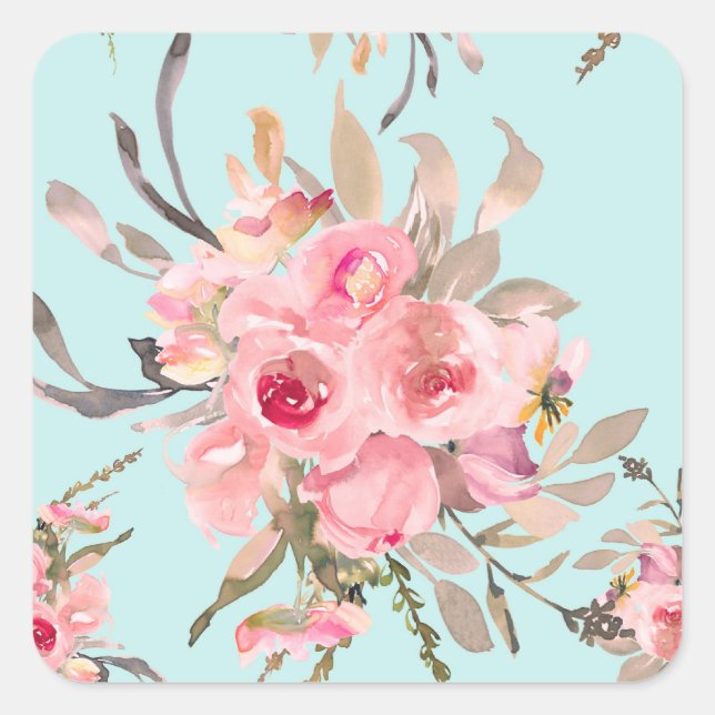 Blush Pink Flowers on Light Blue Square Sticker (Front)