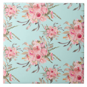 Blush Pink Flowers on Light Blue Tile