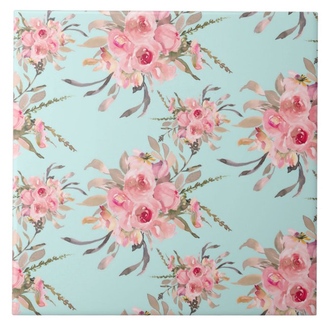 Blush Pink Flowers on Light Blue Tile (Front)