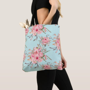 Blush Pink Flowers on Light Blue Tote Bag