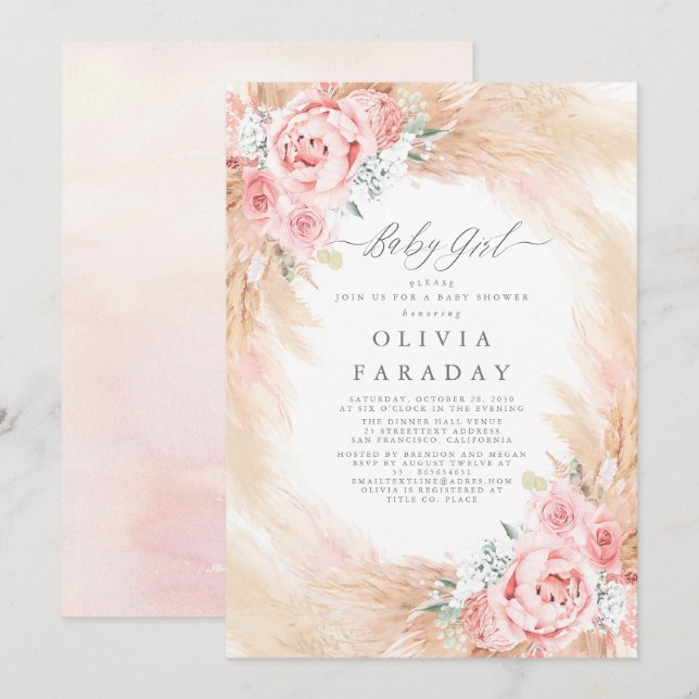 Blush Pink Flowers Pampas Grass Baby Shower Invitation (Front/Back)