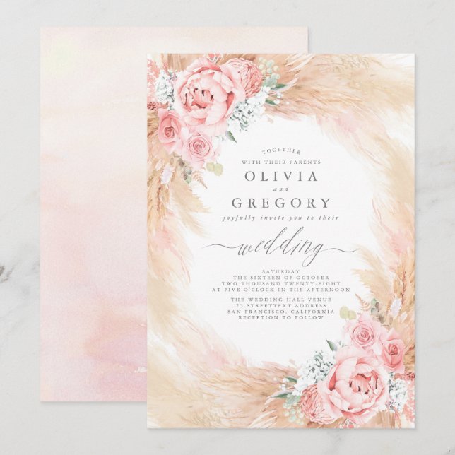 Blush Pink Flowers Pampas Grass Wreath Wedding Invitation (Front/Back)