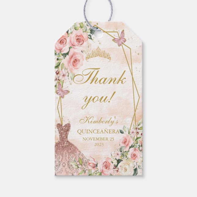 Blush Pink Flowers, Quinceañera Gift Tags (Front)