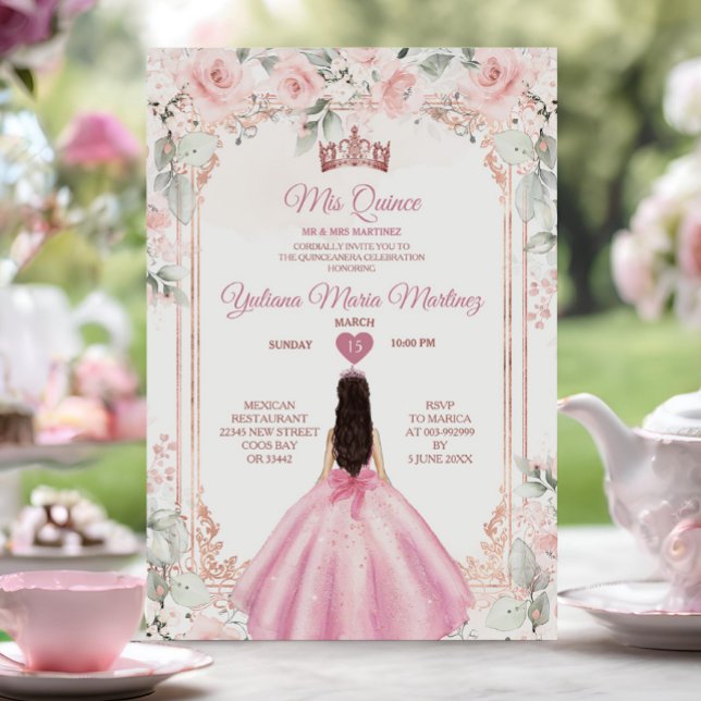 Blush Pink Flowers & Rose Gold Crown Mis Quince Invitation (Creator Uploaded)