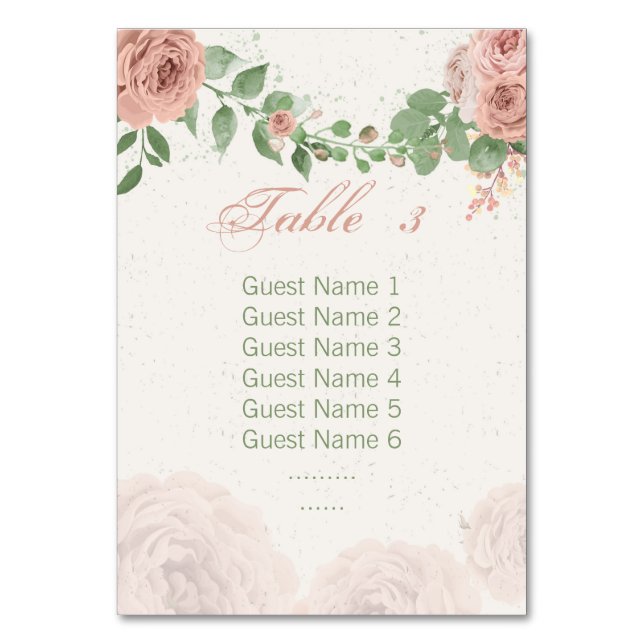 blush pink flowers sage green leaves seating chart table number (Front)