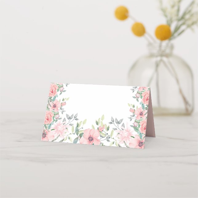 Blush Pink Flowers Sage Green Leaves Spring Summer Place Card (Front)