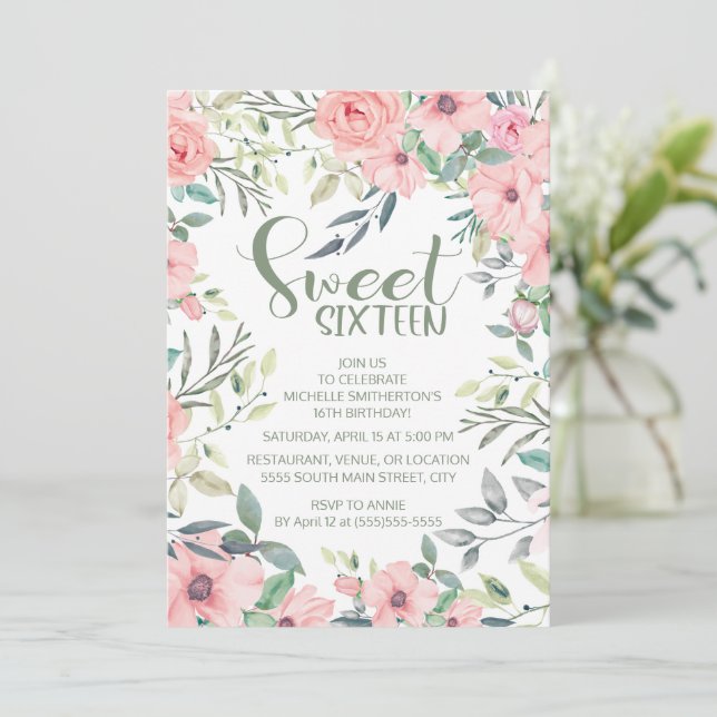 Blush Pink Flowers Sage Green Leaves Sweet 16 (Standing Front)