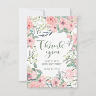 Blush Pink Flowers Sage Green Leaves Sweet 16 Thank You Card