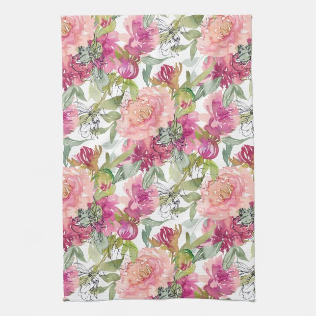 Blush Pink Flowers Sage Green Leaves Tea Towel (Vertical)