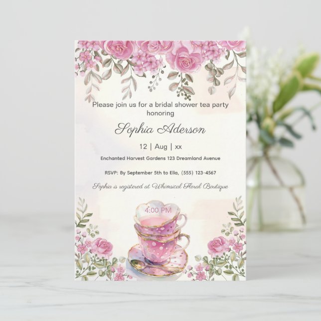 Blush Pink Flowers Tea Party Bridal Shower Invitation (Standing Front)