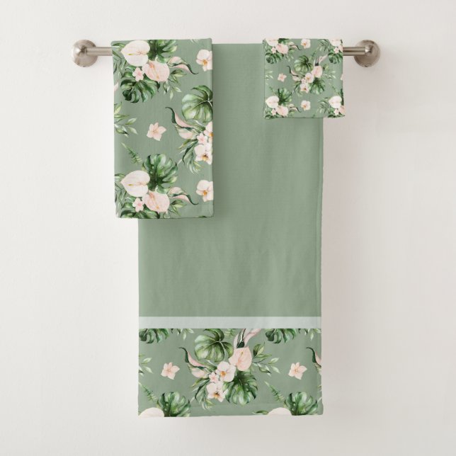 Blush Pink Flowers Tropical Leaves Bath Towel Set (Insitu)