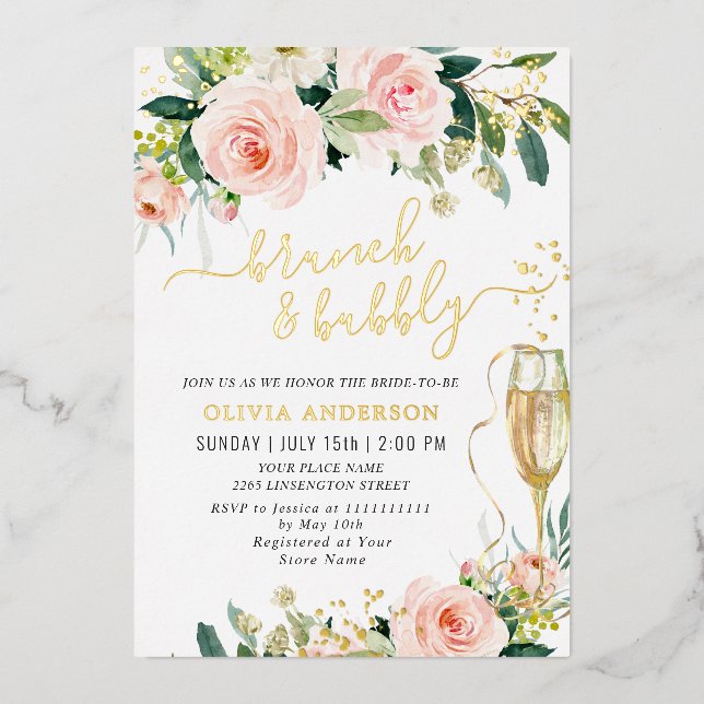 Blush Pink Flowers Watercolor Bridal Brunch Gold (Front)