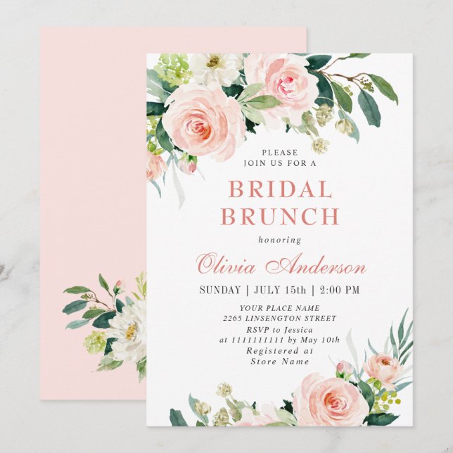 Blush Pink Flowers Watercolor Bridal Brunch Invitation (Front/Back)