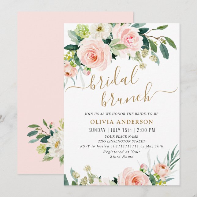 Blush Pink Flowers Watercolor Bridal Brunch Invitation (Front/Back)