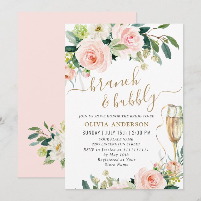 Blush Pink Flowers Watercolor Bridal Brunch Invitation (Front/Back)