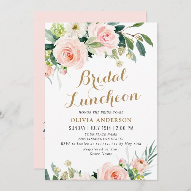 Blush Pink Flowers Watercolor Bridal Luncheon Invitation (Front/Back)