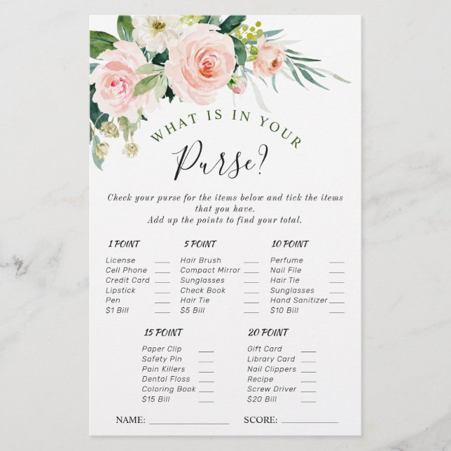 Blush Pink Flowers Watercolor Bridal Shower Game (Front)