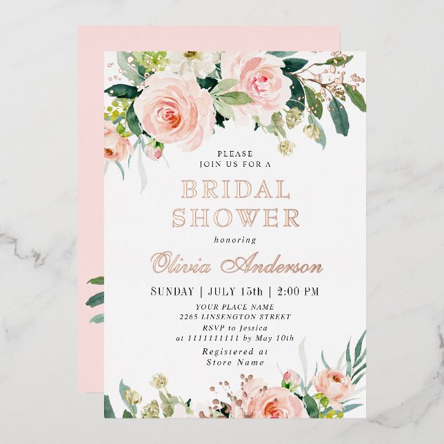 Blush Pink Flowers Watercolor Bridal Shower Gold (Front/Back)