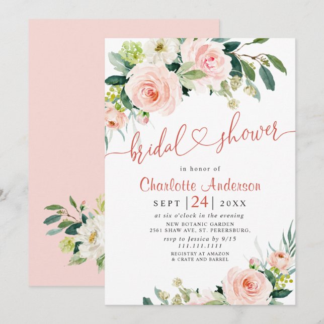 Blush Pink Flowers Watercolor Bridal Shower Invitation (Front/Back)