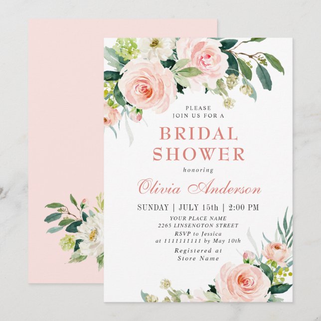 Blush Pink Flowers Watercolor Bridal Shower Invitation (Front/Back)
