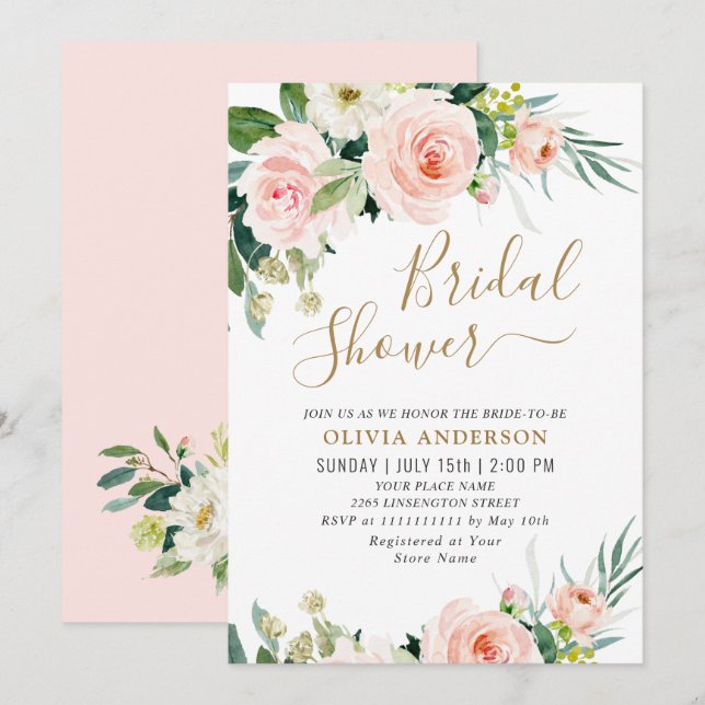 Blush Pink Flowers Watercolor Bridal Shower Invitation (Front/Back)