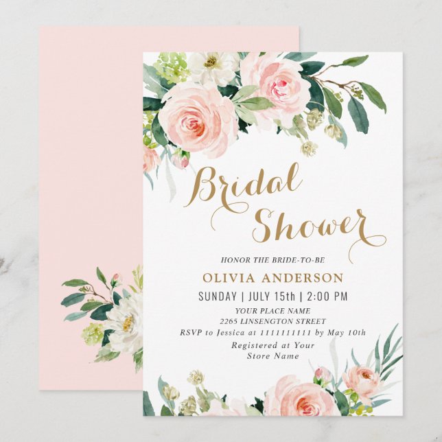 Blush Pink Flowers Watercolor Bridal Shower Invitation (Front/Back)