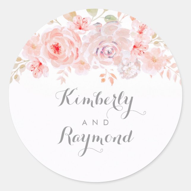 Blush Pink Flowers Watercolor Classic Round Sticker (Front)
