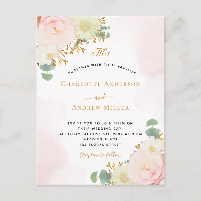 Blush pink flowers watercolor gold wedding postcard (Front)