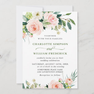 Blush Pink Flowers Watercolor Greenery Wedding Invitation