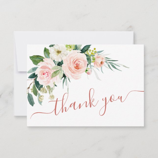 Blush Pink Flowers Watercolor Wedding Thank You Card (Front)