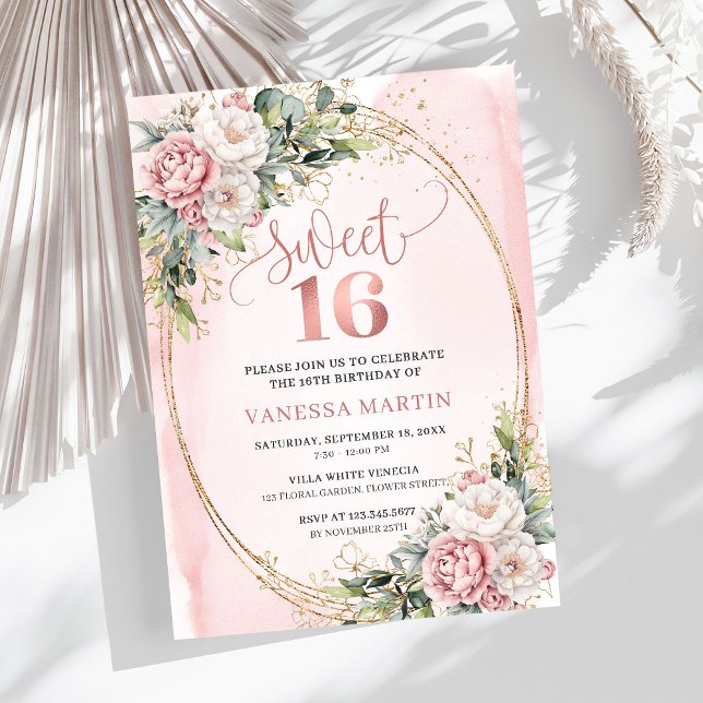 Blush Pink Flowers with Greenery Sweet Sixteen  Invitation (Blush Pink Flowers with Greenery Sweet Sixteen Invite)