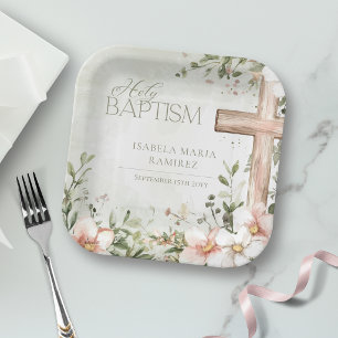 Blush pink flowers  wooden cross baptism green paper plate