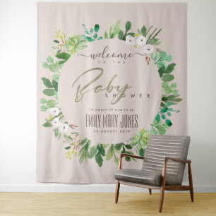 BLUSH PINK FOLIAGE WATERCOLOR BABY SHOWER WELCOME TAPESTRY