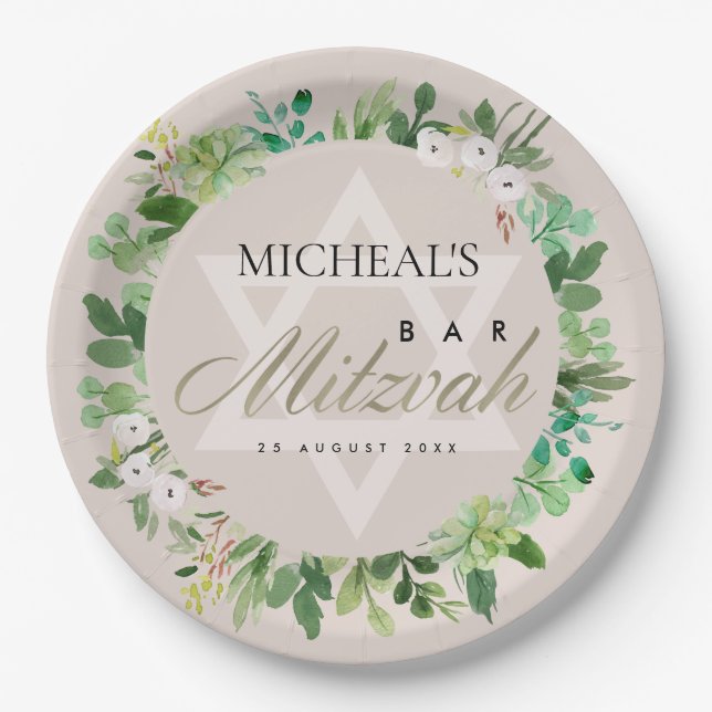 BLUSH PINK FOLIAGE WREATH STAR BAR BAT MITZVAH PAPER PLATE (Front)