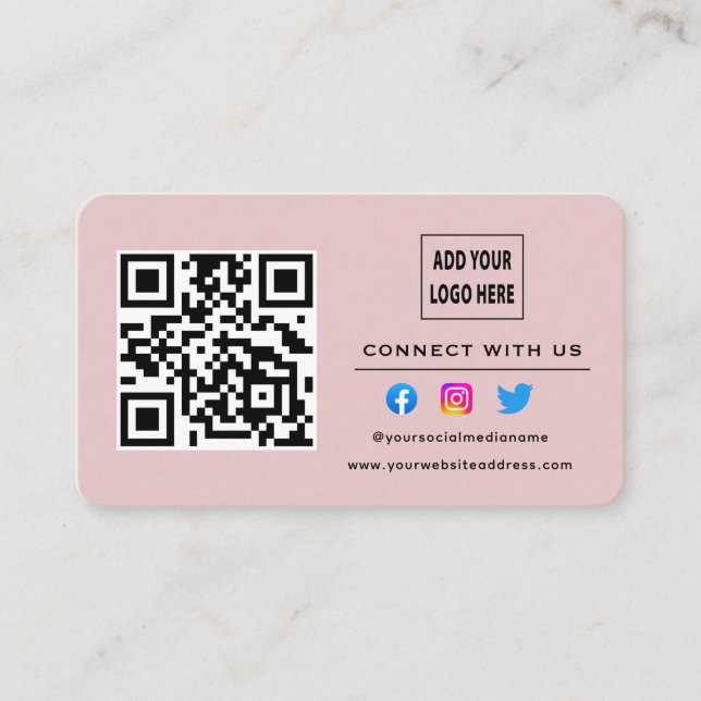 Blush Pink Follow Scan To Connect With Us QR Code Business Card (Front)