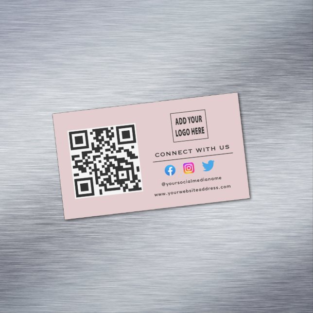Blush Pink Follow Scan To Connect With Us QR Code Magnetic Business Card (In Situ)